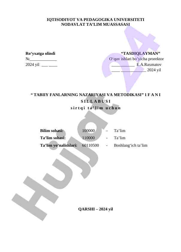 Tabiiy fanlarning nazariyasi va metodikasi sillabusi