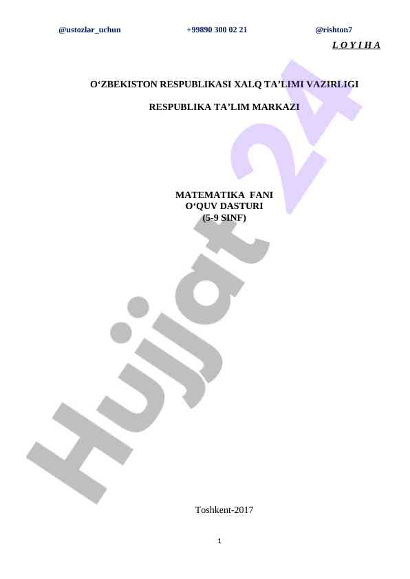 Matematika fani o‘quv dasturi 5-9 sinflar uchun