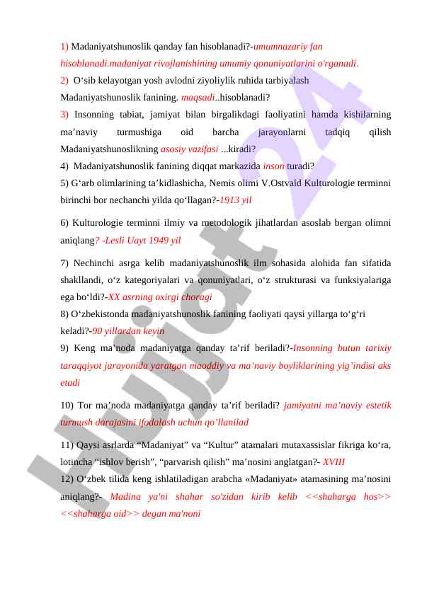Madaniyatshunoslik fanining asosiy vazifalari