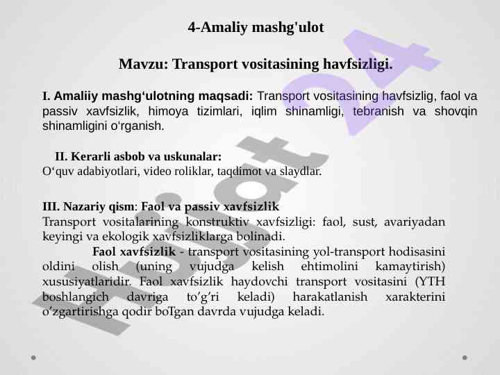 Transport vositasining havfsizligi amaliy mashg'ulot