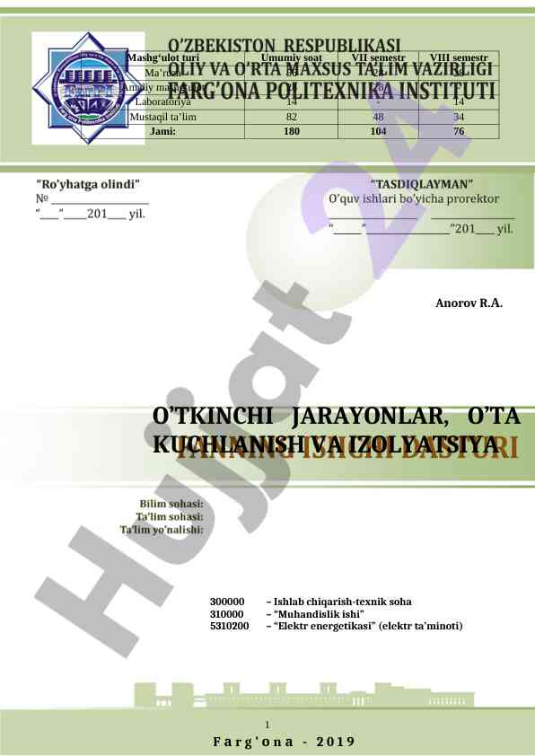 Elektr energetikasi fanidan o‘quv dasturi