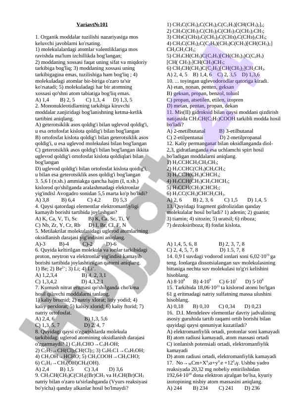Organik moddalar tuzilishi nazariyasi savollari