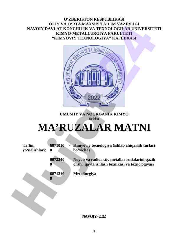 Umumiy va noorganik kimyo fanidan ma’ruzalar matni