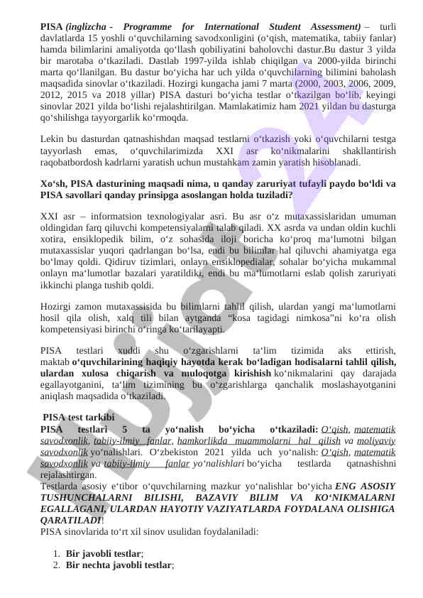 Pisa dasturi va xxi asr ko‘nikmalari