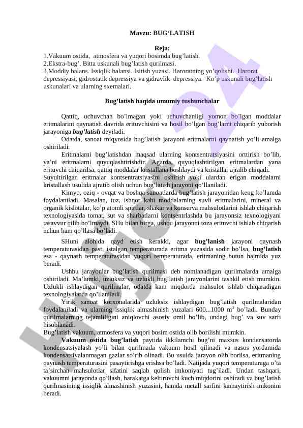 Bug'latish jarayoni va uskunalari