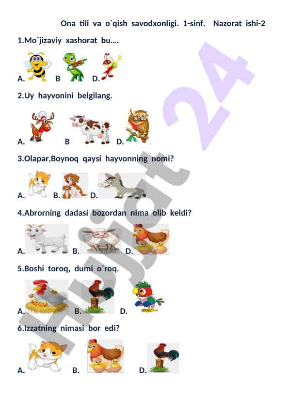 Ona tili va o`qish savodxonligi nazorat ishlari
