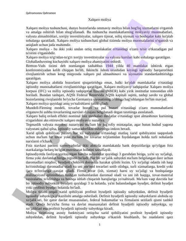 Xalqaro moliya tushunchasining asosiy principlari