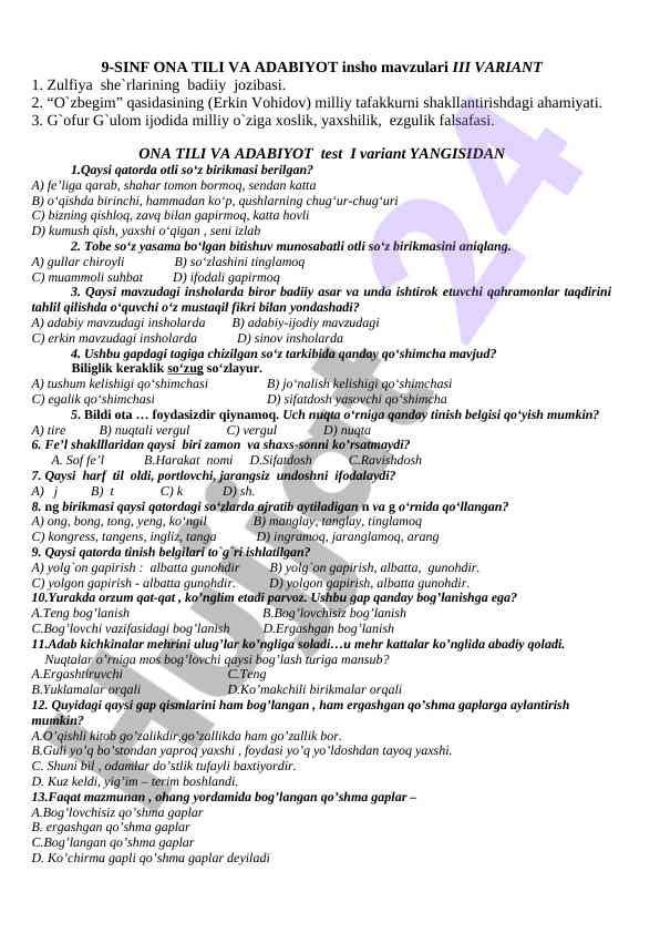 9-sinf ona tili va adabiyot insho mavzulari