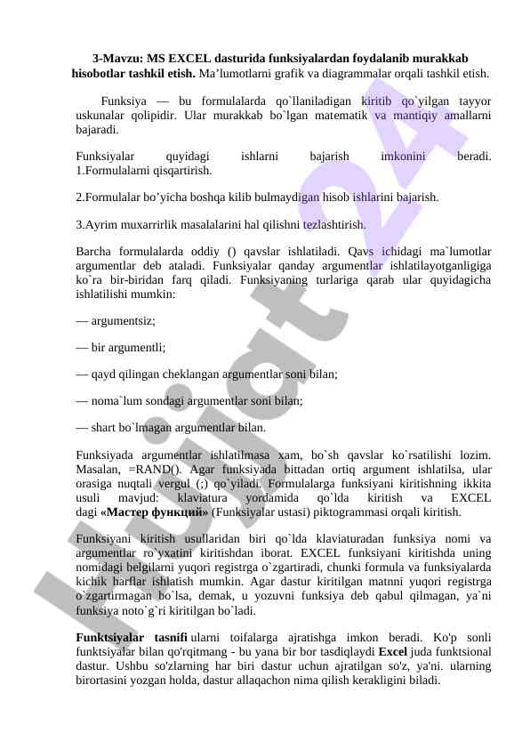 Ms excel dasturida funksiyalardan foydalanish