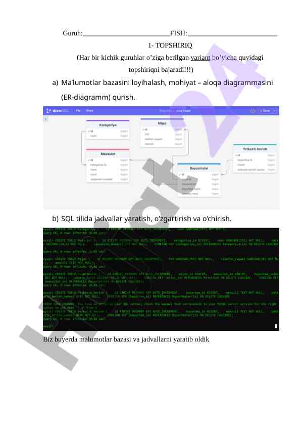 Maʼlumotlar bazasi loyihalash bo‘yicha topshiriq