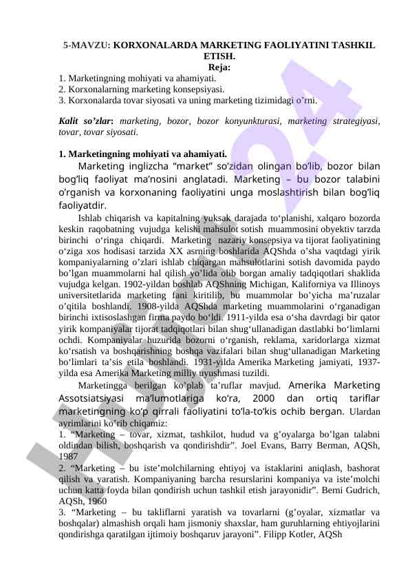 Korxonalarda marketing faoliyatini tashkil etish