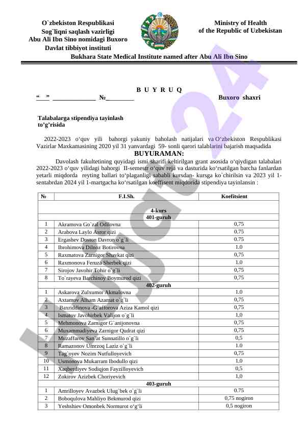 Stipendiya tayinlash buyurtmasi 2022-2023 o‘quv yili