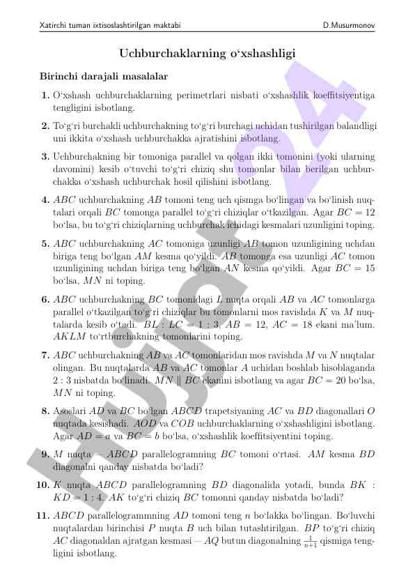 O‘xshash uchburchaklarha uqitish usullari