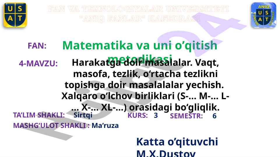 Matematika o‘qitish metodikasi va harakat masalalari