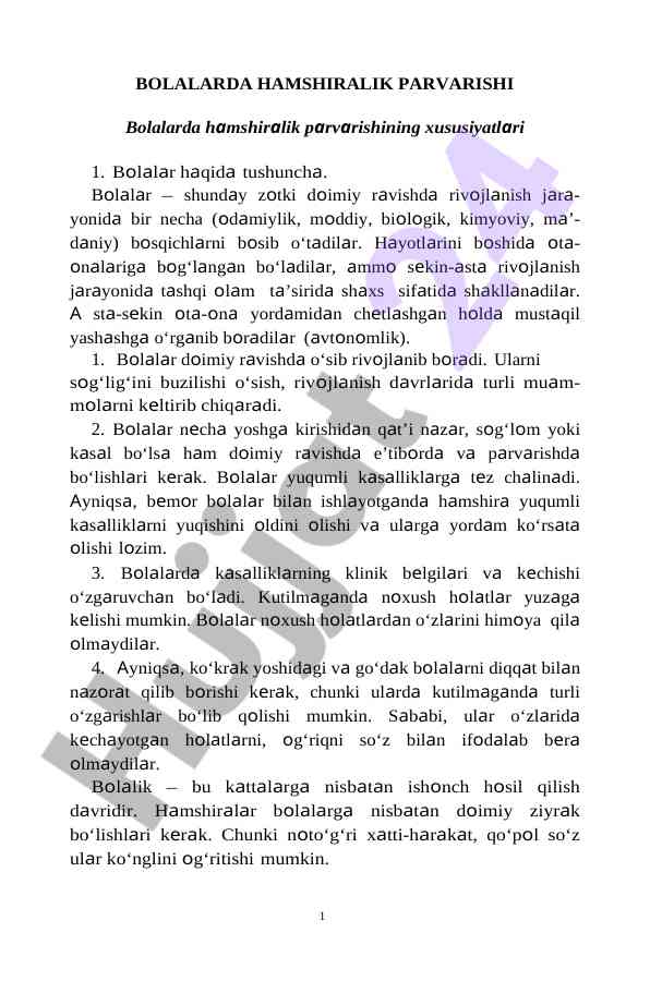 Bolalarda hamshiralik parvarishi xususiyatlari