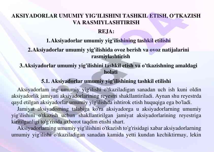 Aksiyadorlar umumiy yigilishini tashkil etish rejasi