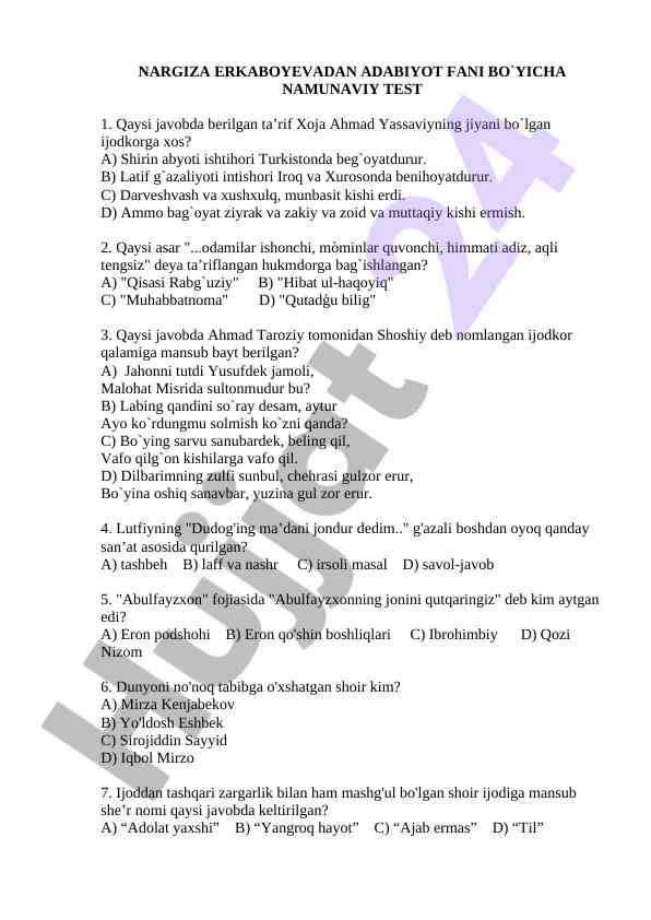 Adabiyot fani bo`yicha namunaviy test