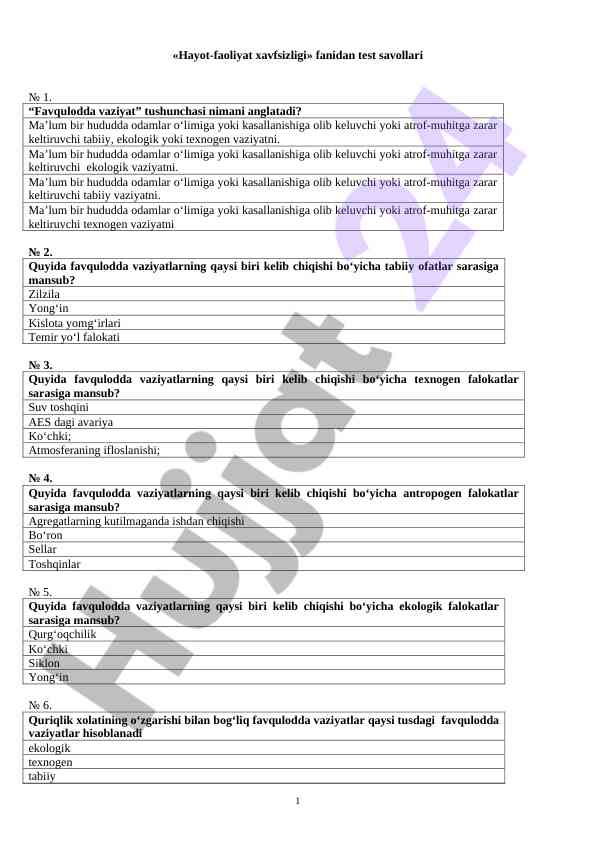Hayot-faoliyat xavfsizligi fanidan test savollari