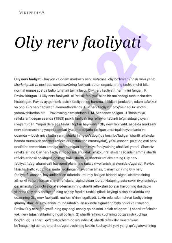 Oliy nerv faoliyati va psixik faoliyat