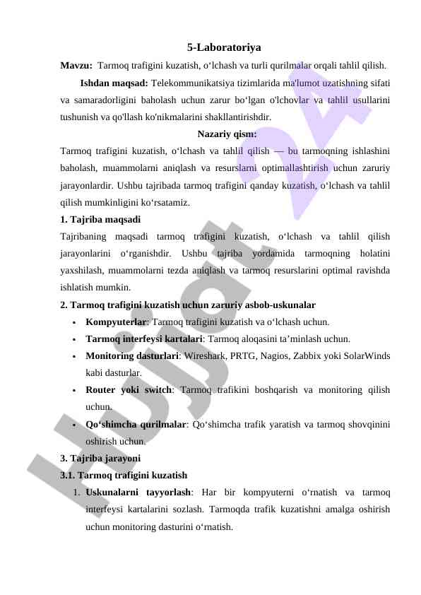 Tarmoq trafigini kuzatish va tahlil qilish usullari