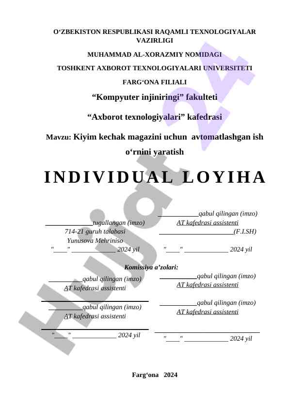 Kiyim kechak magazini uchun avtomatlashtirilgan ish o‘rni