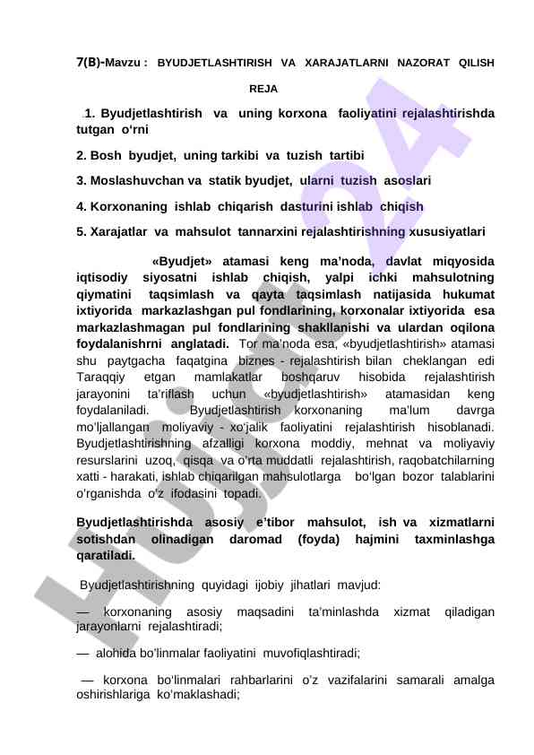 Byudjetlashtirish va xarajatlarni nazorat qilish