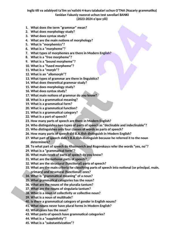 Ingliz tili nazariy gramatika test savollari