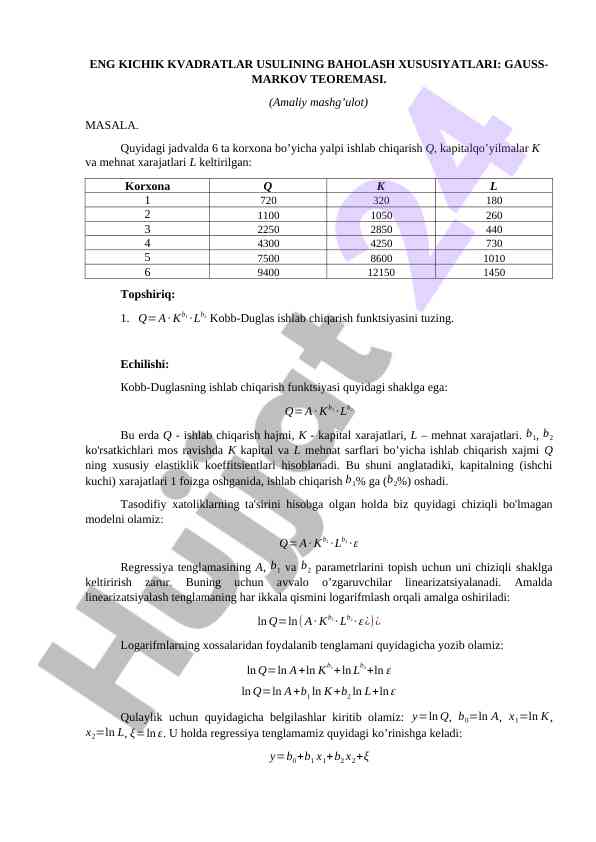 Eng Kichik Kvadratlar Usulining Baholash Xususiyatlari