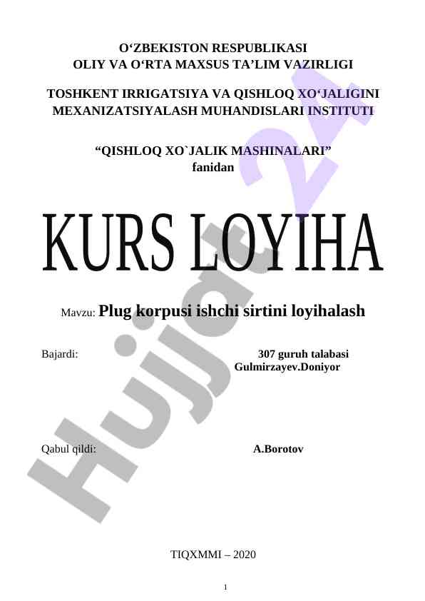 Plug korpusi ishchi sirtini loyihalash