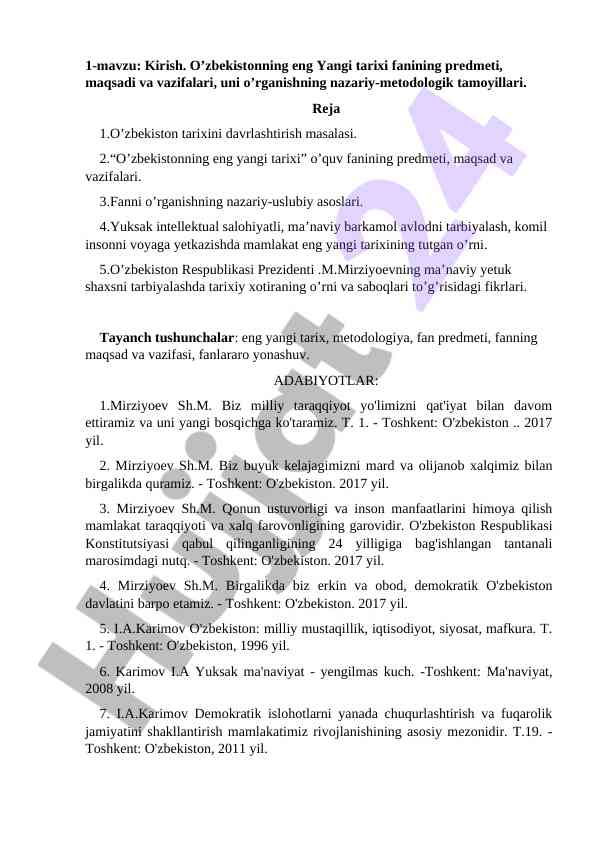 O’zbekistonning eng yangi tarixi fanining asoslari