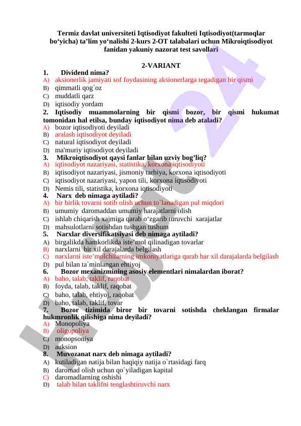 Mikroiqtisodiyot fanidan yakuniy nazorat test savollari