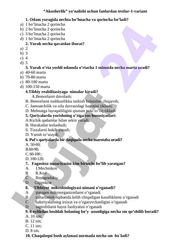 Akusherlik fanlari uchun testlar 1-variant