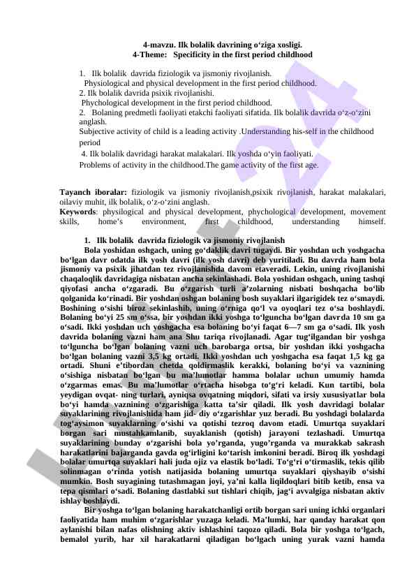 Ilk bolalik davrining o‘ziga xosligi va rivojlanishi