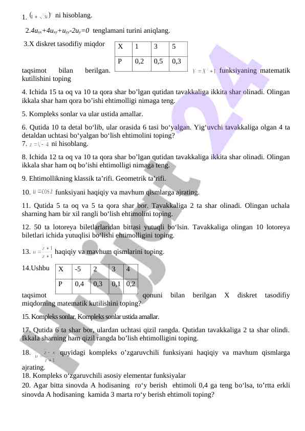 Ehtimollik va matematik kutilish masalalari