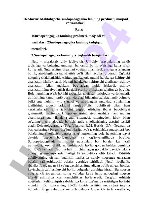 Maktabgacha surdopedagogika fanining maqsadlari