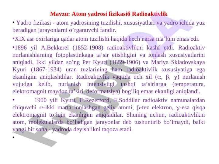 Atom yadrosi fizikasi va radioaktivlik jarayonlari