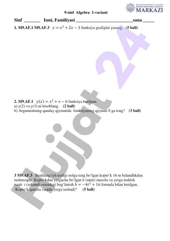 Algebra 9-sinf test varianti 1