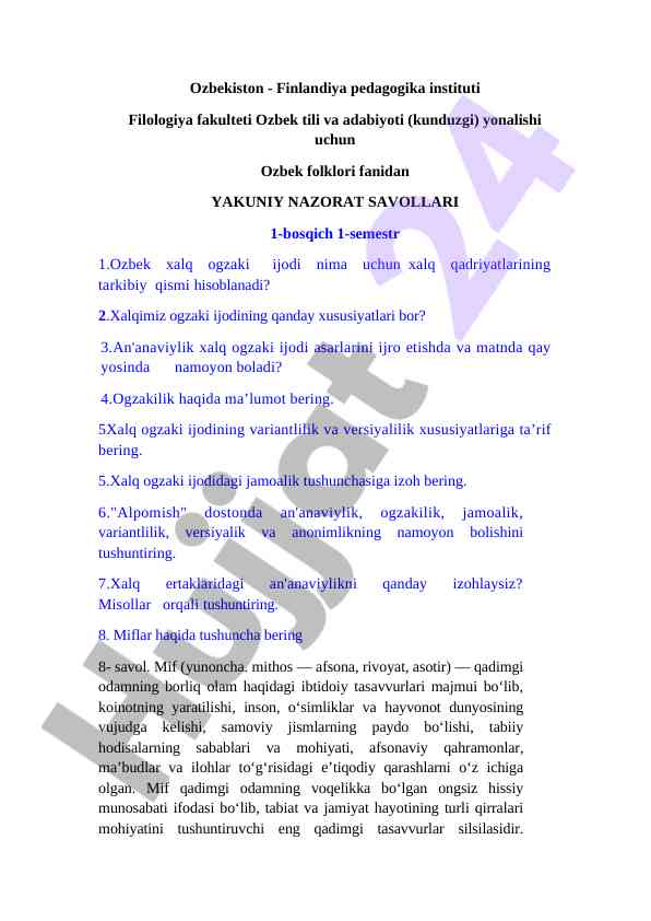 O'zbek folklori fanidan yakuniy nazorat savollari
