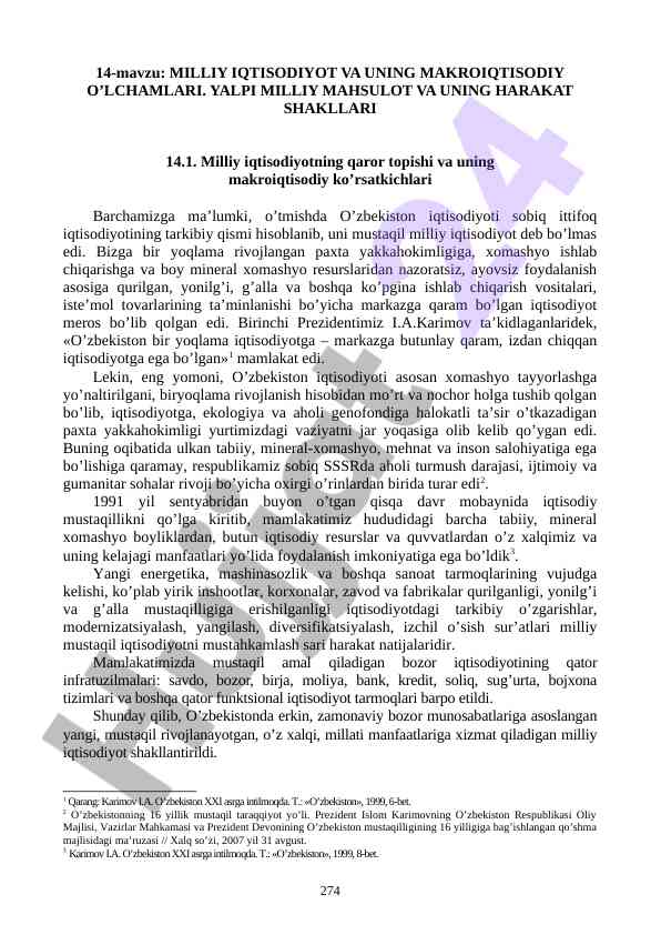 Milliy iqtisodiyot va uning makroiqtisodiy o’lchamlari
