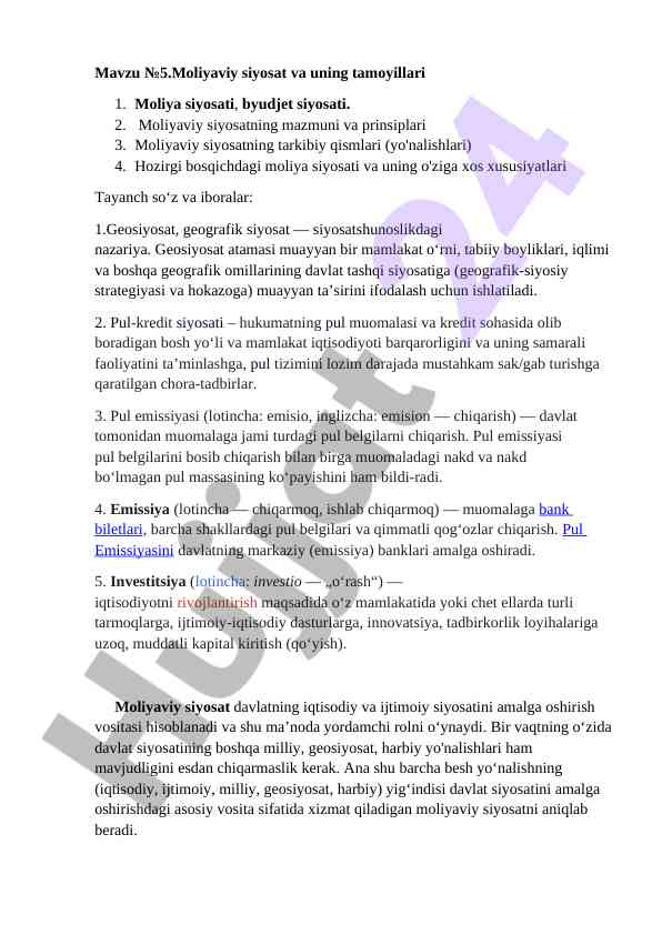 Moliyaviy siyosat va uning tamoyillari