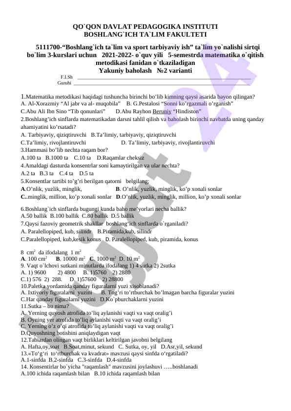 Matematika o'qitish metodikasi yakuniy baholash variantlari