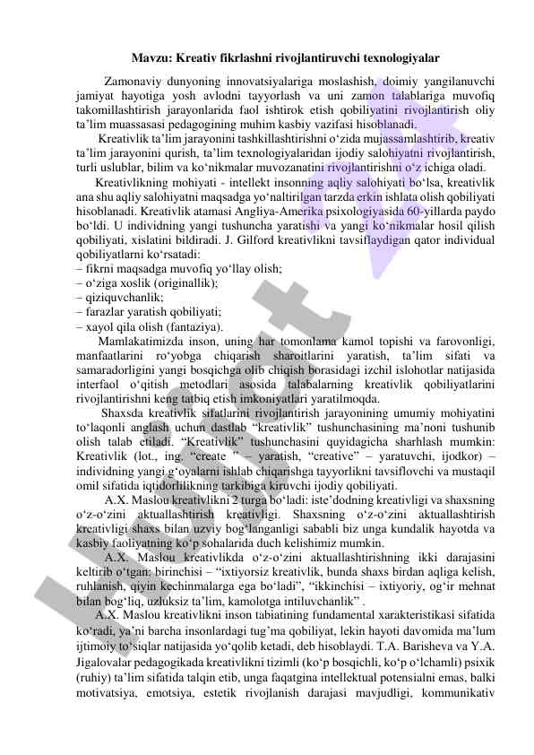 Kreativ fikrlashni rivojlantiruvchi texnologiyalar