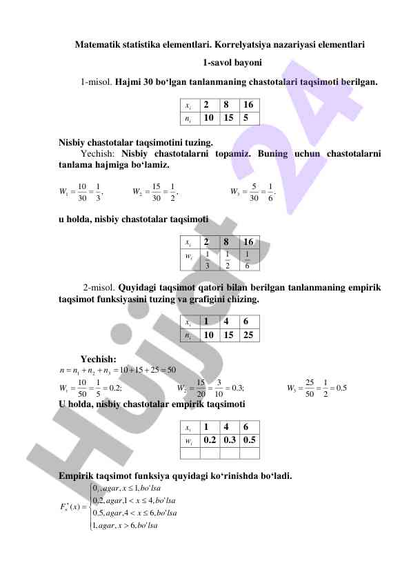 Matematik statistika elementlari korrelyatsiya nazariyasi
