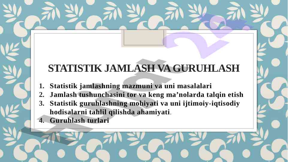 Statistik jamlash va guruhlash tahlili