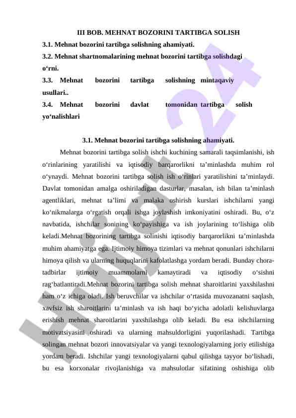 Mehnat bozorini tartibga solish ahamiyati va usullari