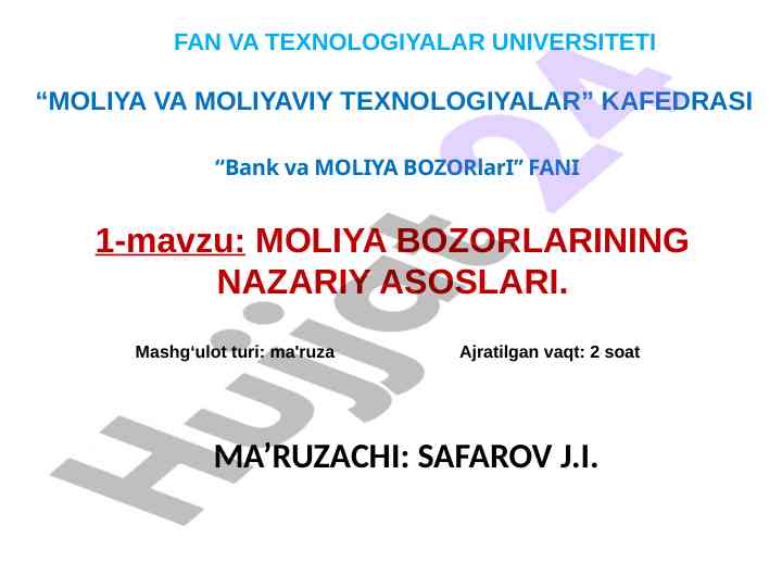 Moliya bozorlarining nazariy asoslari