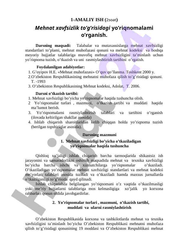 Mehnat xavfsizligi yo’riqnomalarini o’rgatish