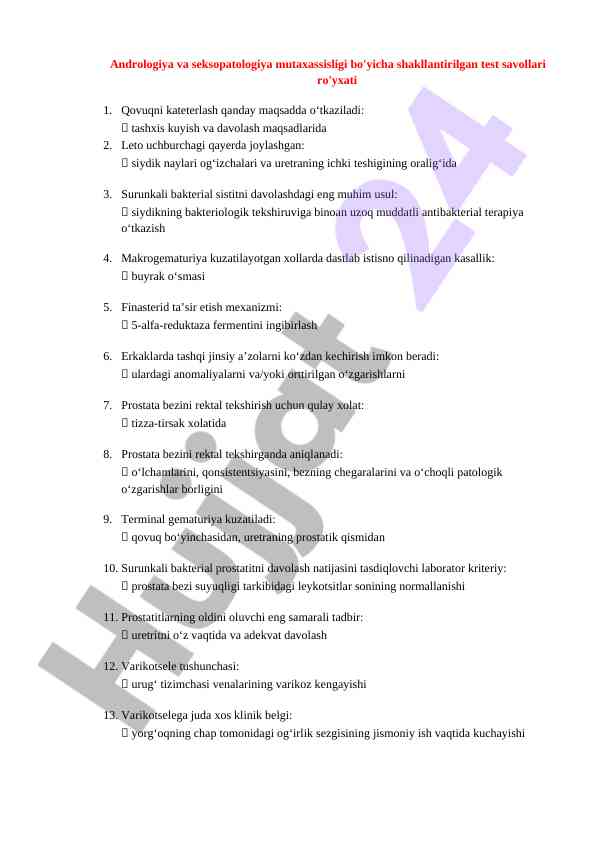 Andrologiya va seksopatologiya o‘qish test savollari