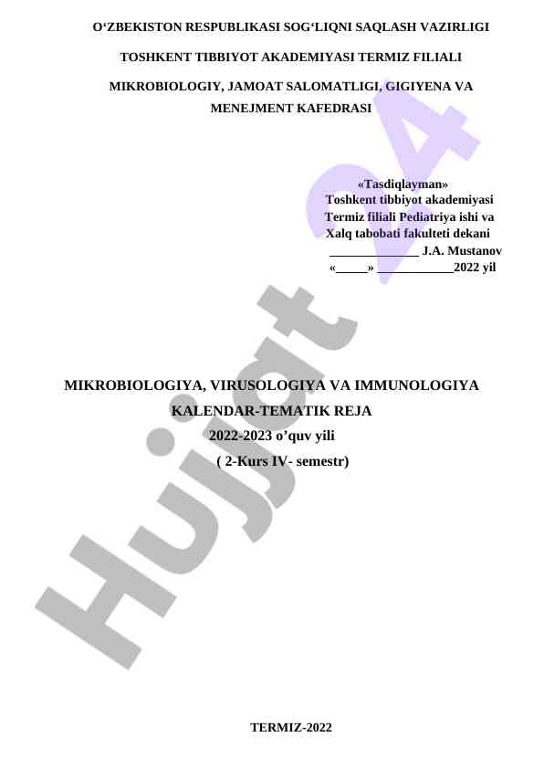 Mikrobiologiya va jamoat salomatligi kurs rejasi 2022-2023