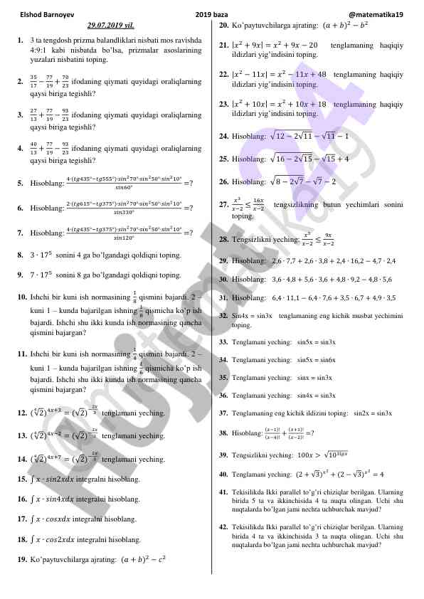 Mathematical problem solving practice test